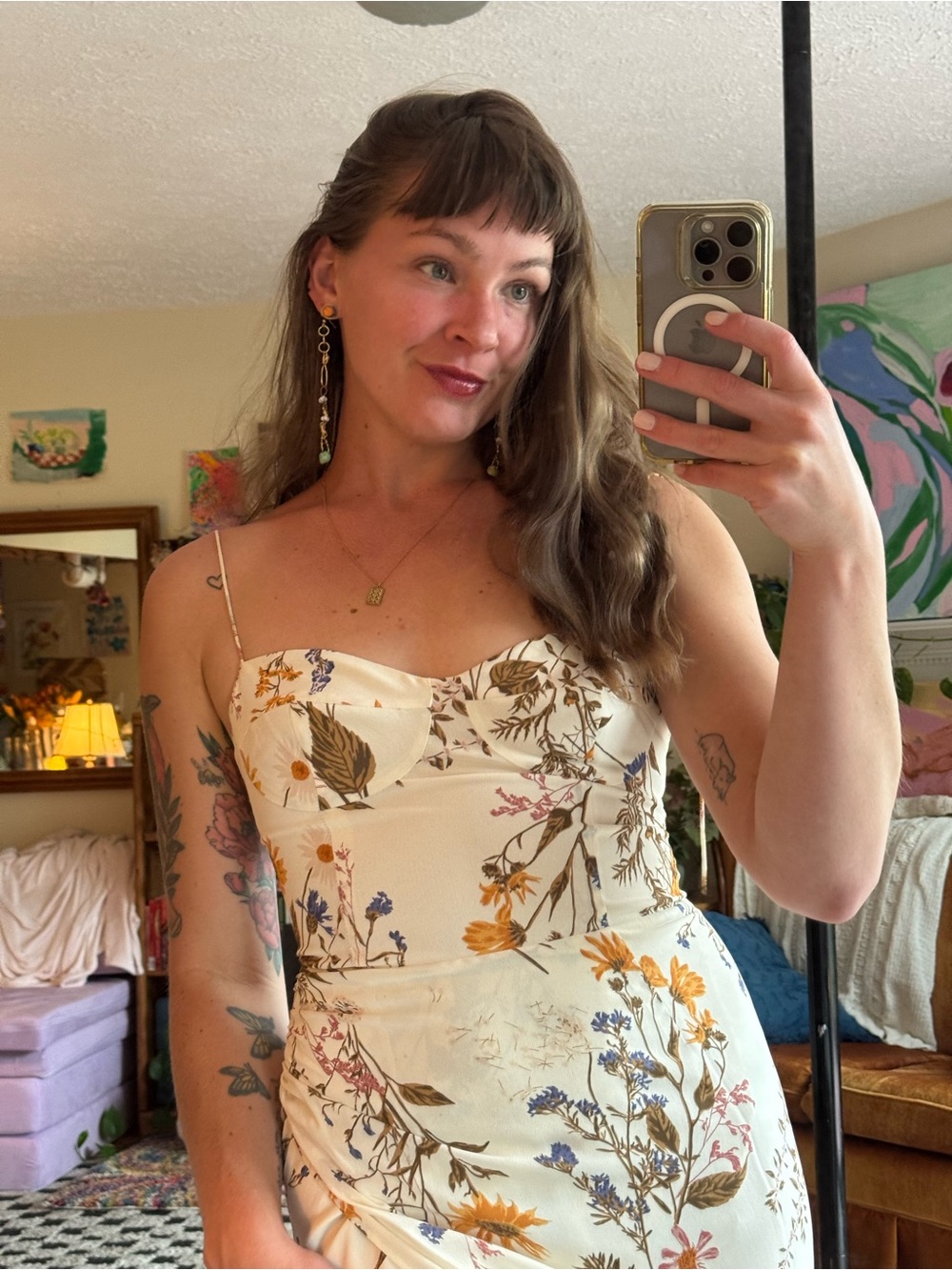 Reformation Floral Tie-Shoulder Maxi Dress in Cream with Mustard & Blue - Picture 10 of 12